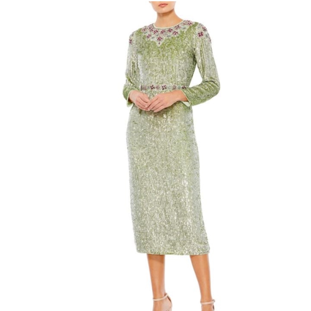 Mac Duggal Floral Sequin Beaded Midi Dress
